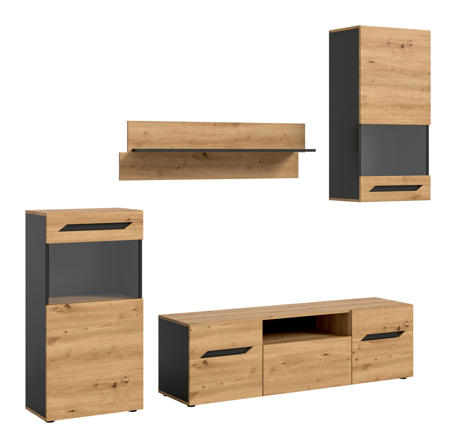 Modernes Wohnzimmermöbel-Set in Eiche-Optik mit anthrazitfarbenen Seiten, bestehend aus Lowboard, Highboard, Hängeschrank und Wandboard, freigestellt auf weißem Hintergrund, Frontansicht mit leichter Perspektive
