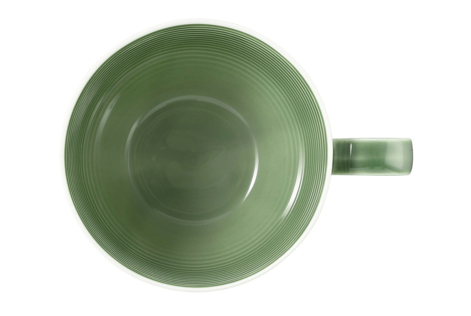 Grüne Kaffeeobertasse mit Henkel, von oben betrachtet