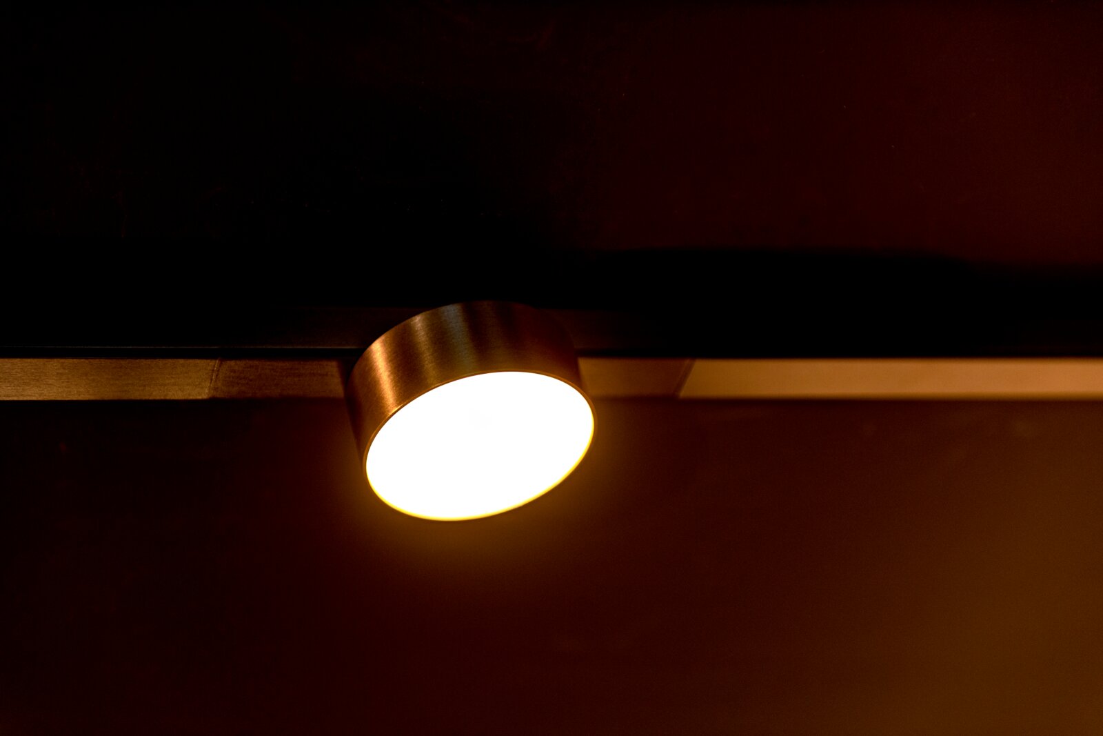 Lucide LED-Schienenstrahler LINIAL Runde, warmweiß leuchtende LED-Deckenleuchte mit metallischem Gehäuse in Gold/Brass-Optik, Nahaufnahme aus Untersicht (Blick nach oben) an der Decke montiert.