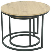 Runder Couchtisch mit Holzplatte und schwarzem Metallgestell, seitliche Perspektive