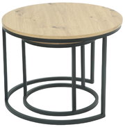 Runder Couchtisch mit Holzplatte und schwarzem Metallgestell, seitliche Perspektive