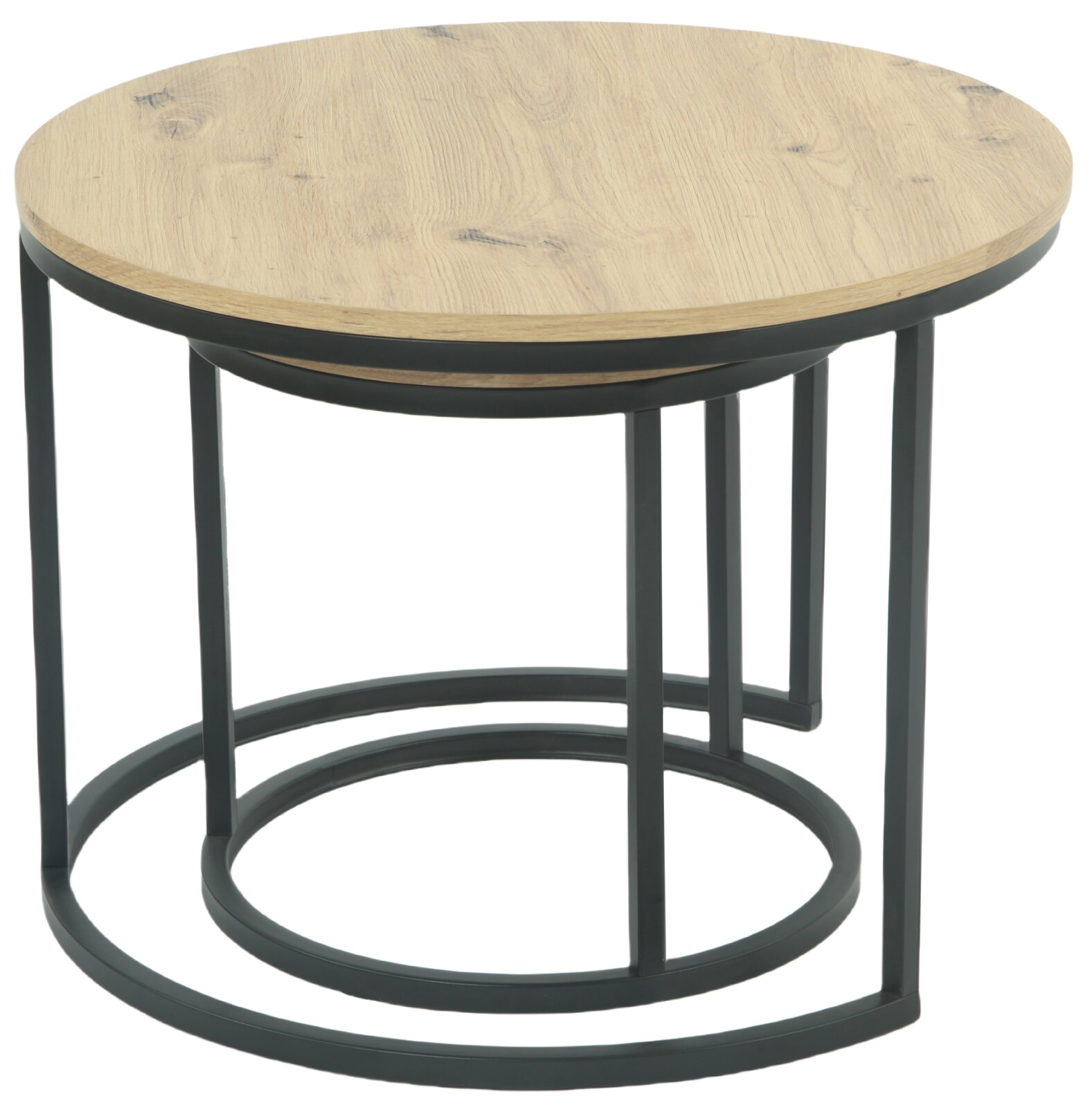 Runder Couchtisch mit Holzplatte und schwarzem Metallgestell, seitliche Perspektive