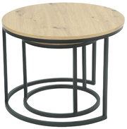 Runder Couchtisch mit Holzplatte und schwarzem Metallgestell, seitliche Perspektive
