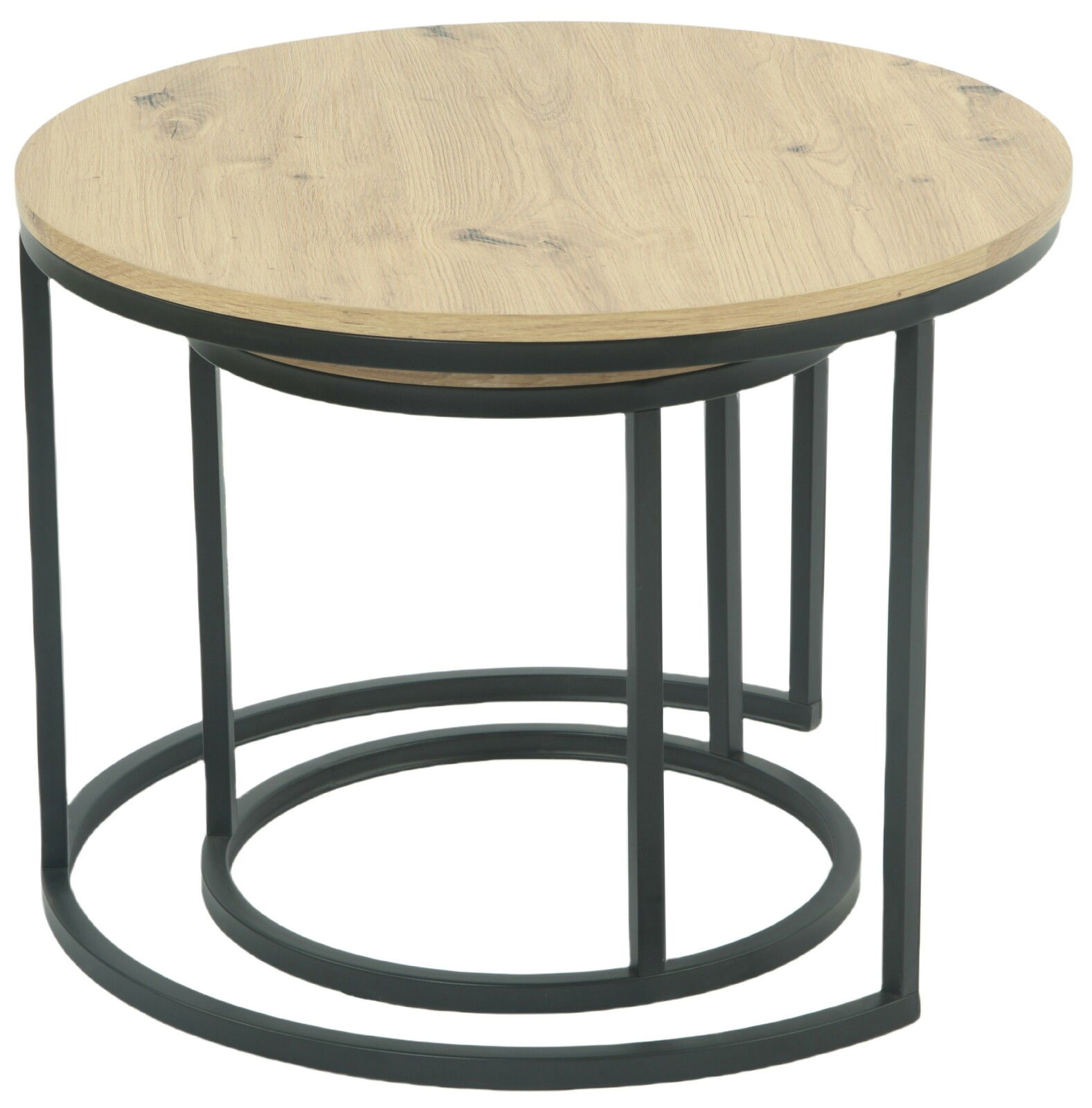 Runder Couchtisch mit Holzplatte und schwarzem Metallgestell, seitliche Perspektive