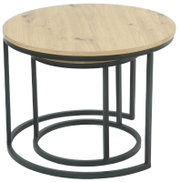 Ronde salontafel met houten blad en zwart metalen onderstel, zijaanzicht