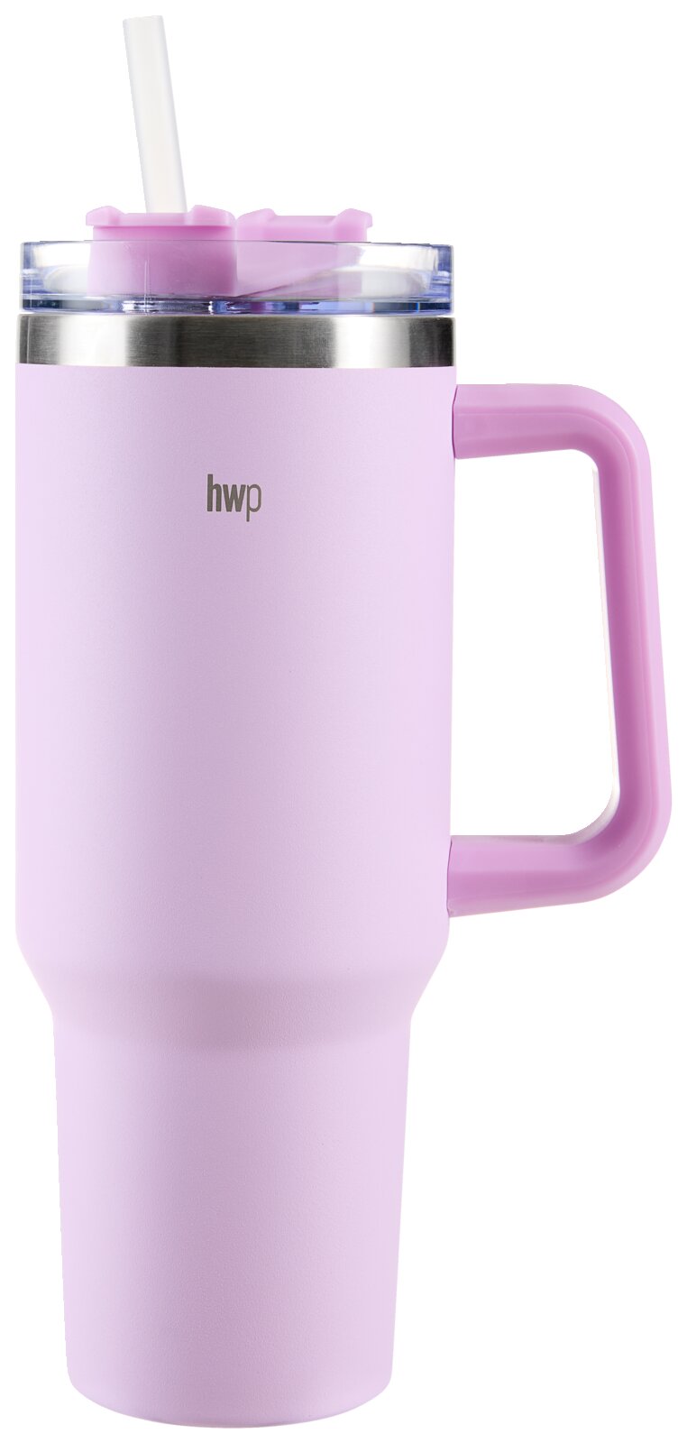 Paarse thermosbeker met handvat en rietje, zijaanzicht