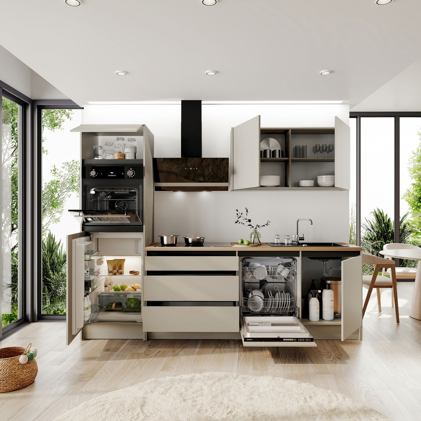 Moderne Küche mit offenem Kühlschrank, Geschirrspüler und Schränken, helle und geräumige Perspektive