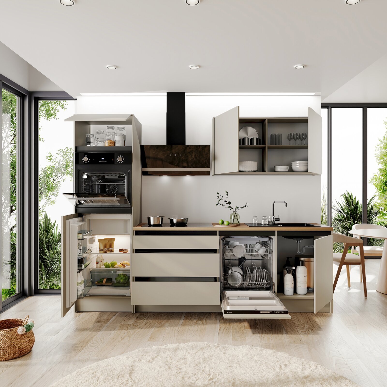 Moderne keuken met open koelkast, vaatwasser en kasten, licht en ruimtelijk