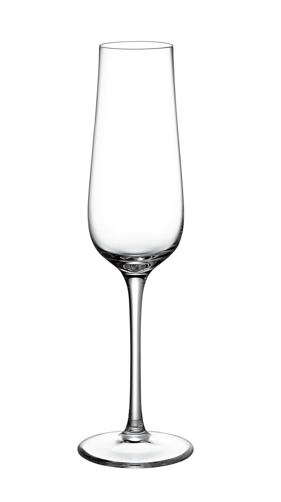 Elegantes Sektglas in Seitenansicht mit schlankem Stiel und klarer Form.