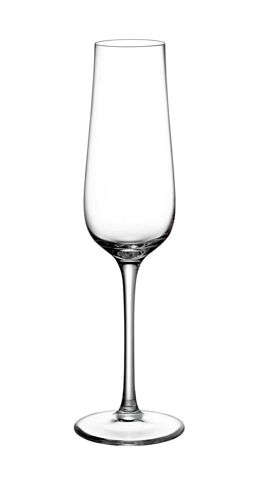 Elegantes Sektglas in Seitenansicht mit schlankem Stiel und klarer Form.