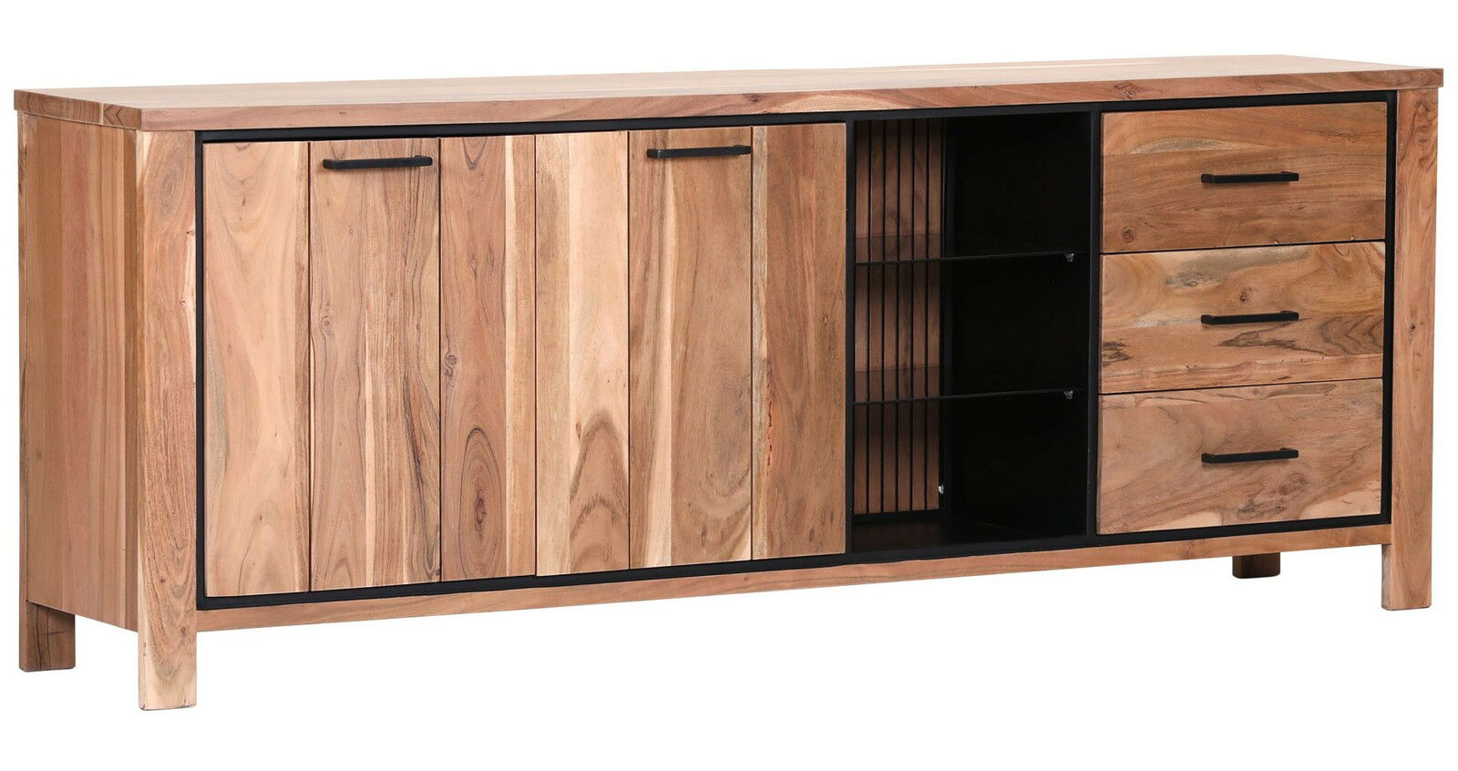 Holz-Sideboard mit zwei Türen, drei Schubladen und offenen Regalfächern, Frontalansicht