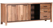 Houten dressoir met twee deuren, drie lades en open vakken, vooraanzicht