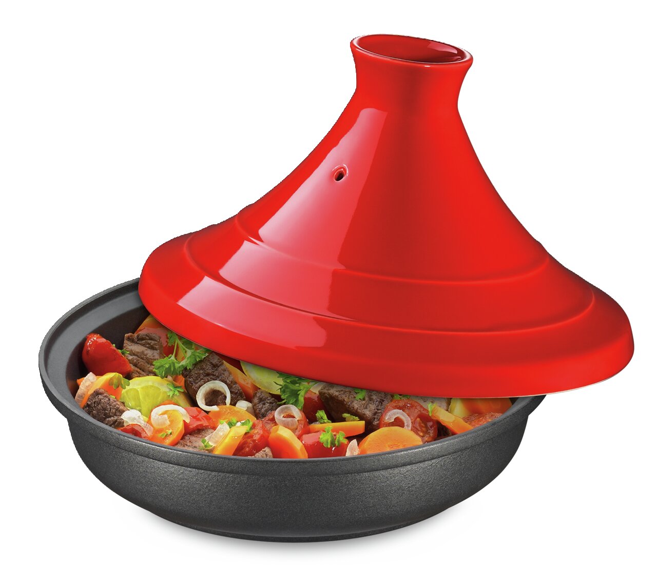 Rote Tajine Spring 28cm mit Deckel, gefüllt mit buntem Gemüse und Fleisch, seitliche Perspektive
