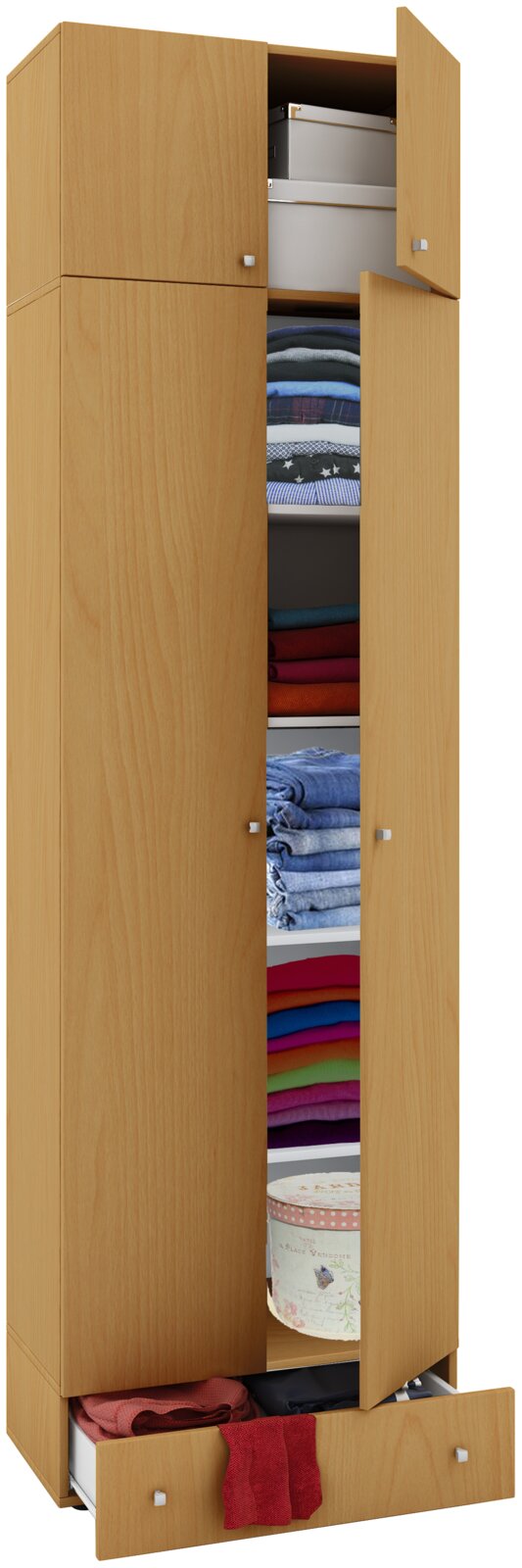 VCM Mehrzweckschrank VANDOL Geöffneter Kleiderschrank in heller Holzoptik mit vier Türen und ausziehbarer Schublade, innen mit Regalböden und gefalteter Kleidung; frontale Ansicht mit leicht seitlicher Perspektive
