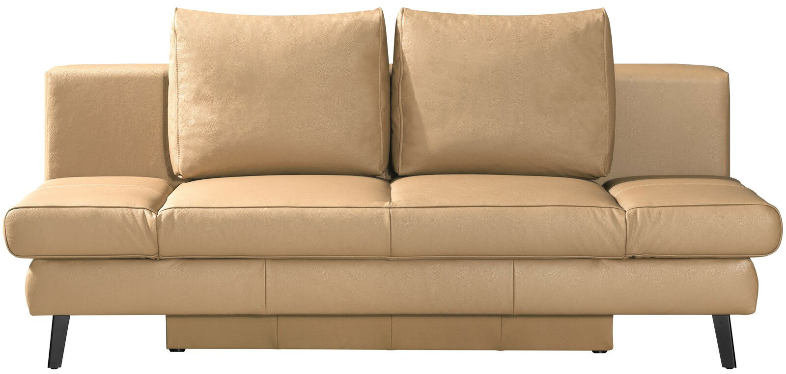 Frontale Ansicht eines beigen Schlafsofas der Serie LAVINIA mit zwei großen Rückenkissen und schwarzen Füßen.