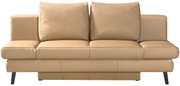 Frontale Ansicht eines beigen Schlafsofas der Serie LAVINIA mit zwei großen Rückenkissen und schwarzen Füßen.