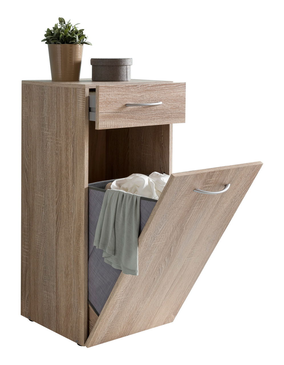 Wäschekommode aus Holz mit einer Schublade und einem ausklappbaren Fach, darauf eine Pflanze und eine Box, seitliche Perspektive