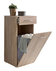 Wäschekommode aus Holz mit einer Schublade und einem ausklappbaren Fach, darauf eine Pflanze und eine Box, seitliche Perspektive