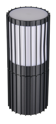 Zylindrische Außenwandleuchte mit vertikalen Streben, seitliche Perspektive