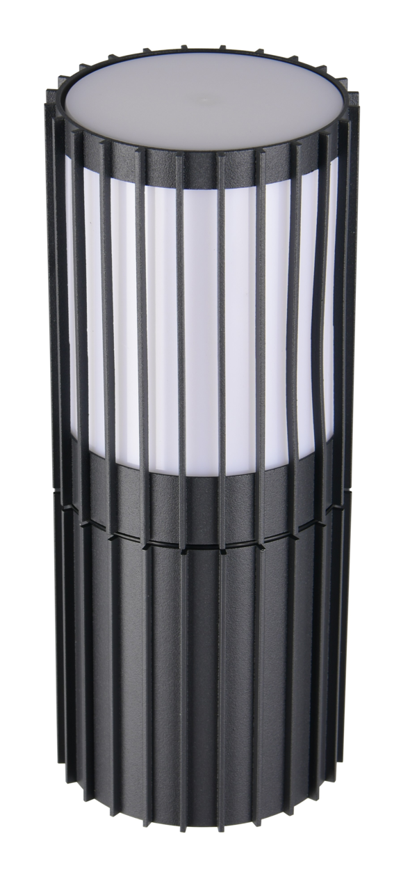 Zylindrische Außenwandleuchte mit vertikalen Streben, seitliche Perspektive