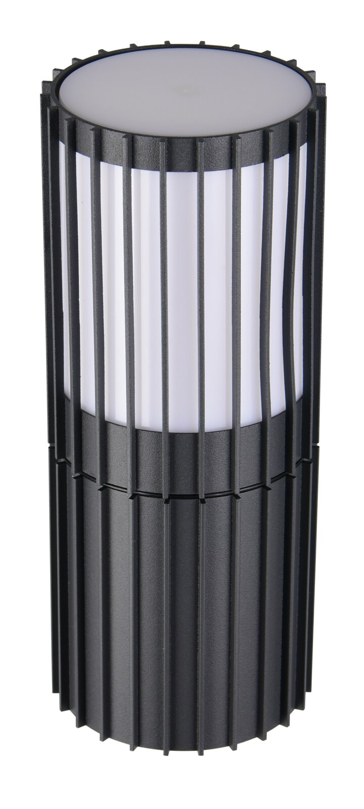 Cilindrische buitenwandlamp met verticale steunen, zijaanzicht