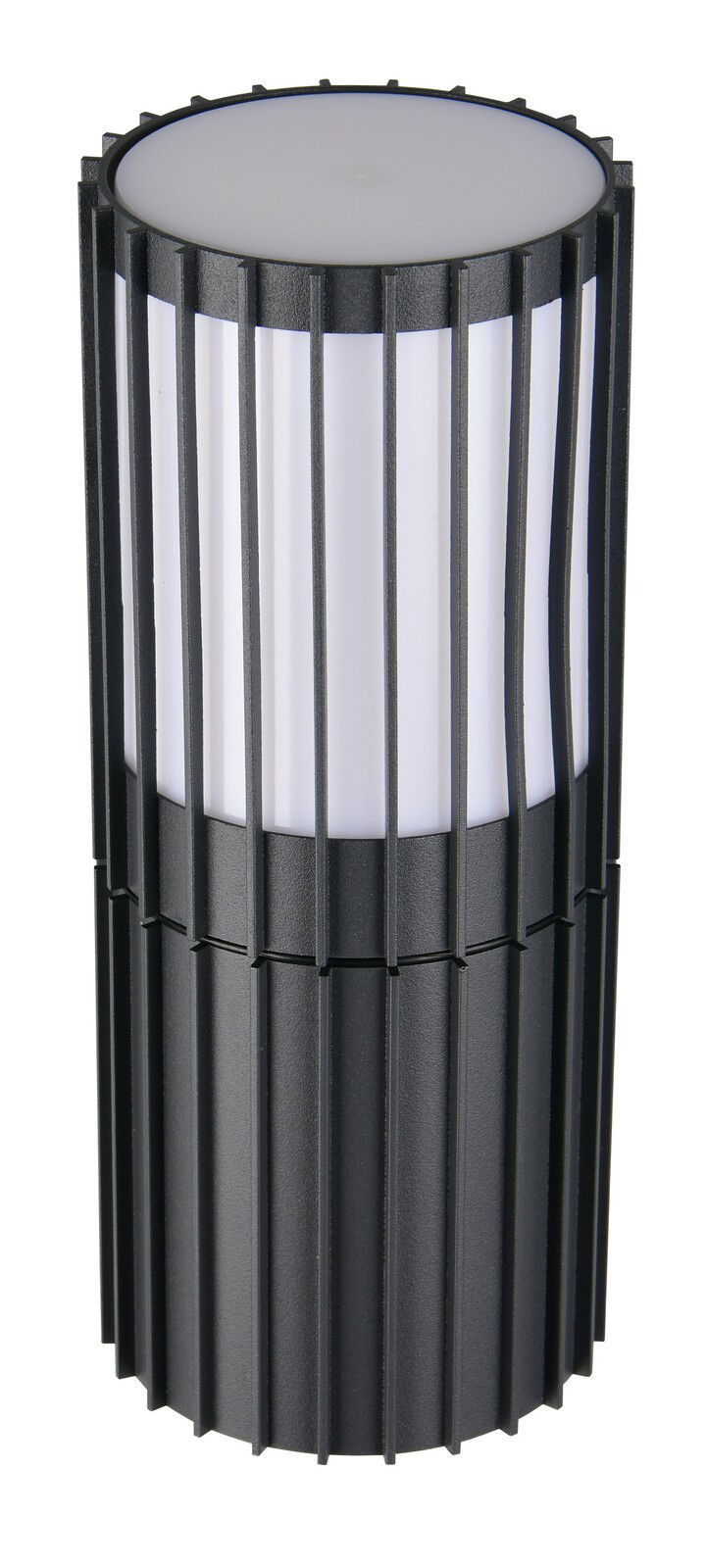 Zylindrische Außenwandleuchte mit vertikalen Streben, seitliche Perspektive