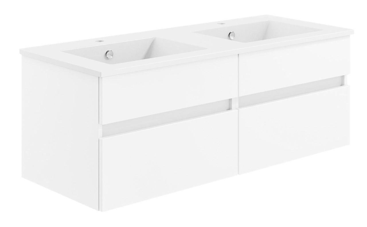 Weiße Badkombination mit zwei Waschbecken, vier Schubladen, seitliche Perspektive