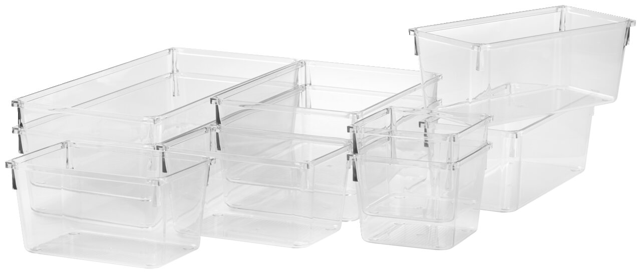 Homeware Organizer, 10-delig Doorzichtige 10-delige opbergset van kunststof, in perspectief gefotografeerd vanaf de voorkant.