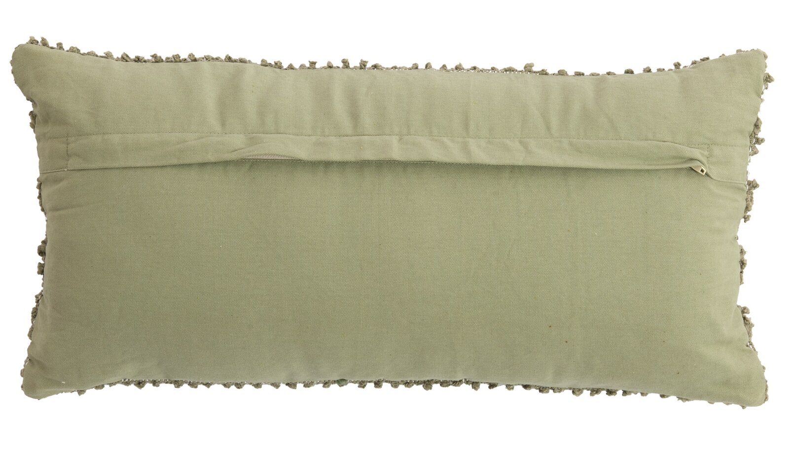 Rückansicht eines rechteckigen, olivgrünen Kissens mit Reißverschluss und dekorativen Kanten.