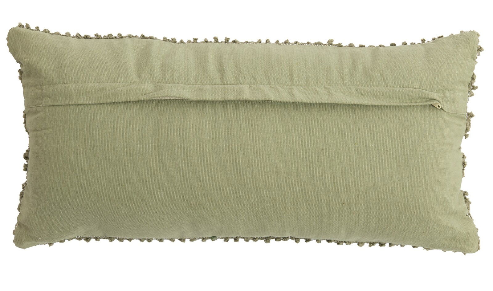 Rückansicht eines rechteckigen, olivgrünen Kissens mit Reißverschluss und dekorativen Kanten.