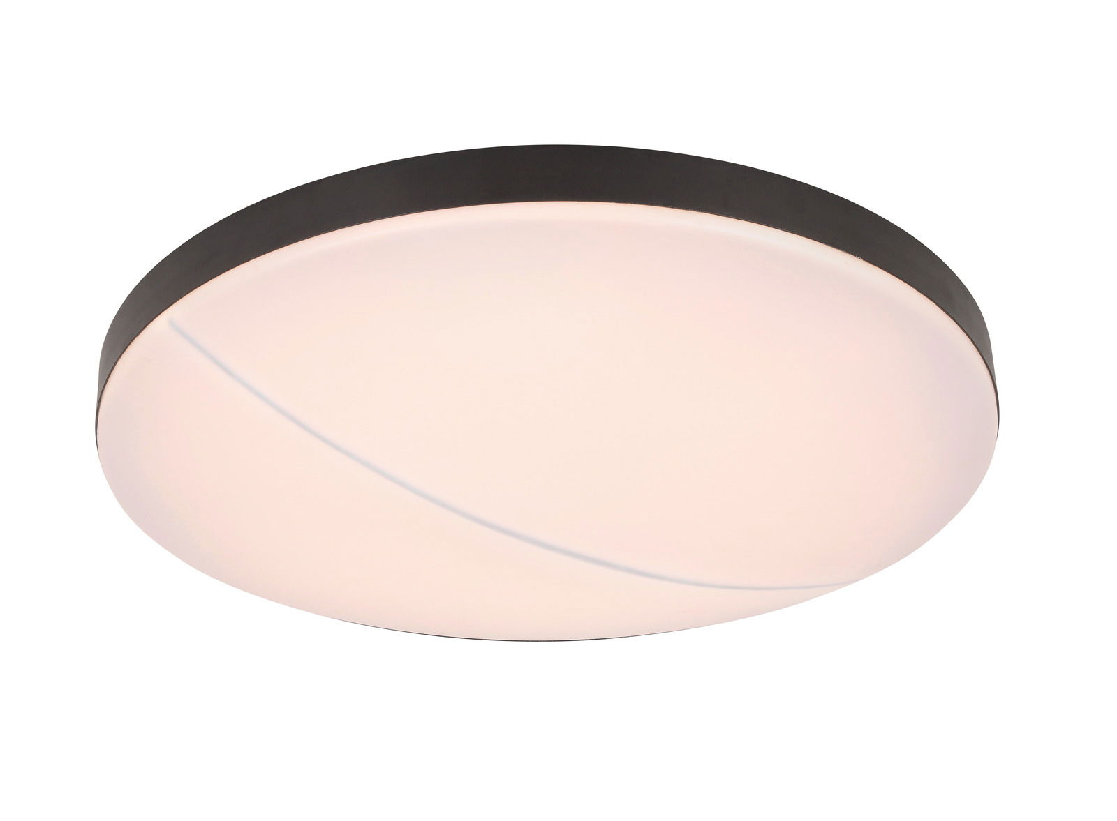 Runde LED-Deckenleuchte mit schwarzem Rand, seitliche Perspektive