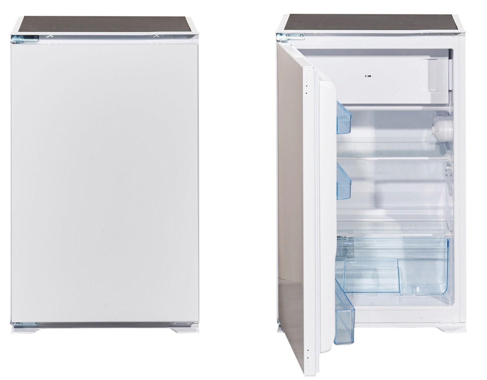 Kühlschrank mit geschlossener und geöffneter Tür, Vorderansicht