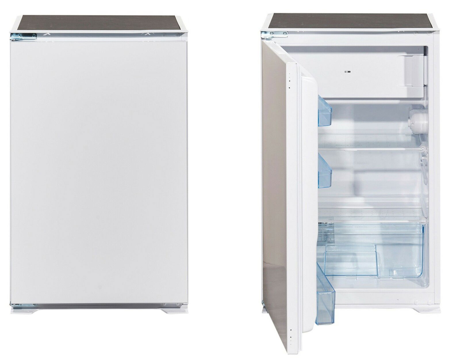 Kühlschrank mit geschlossener und geöffneter Tür, Vorderansicht