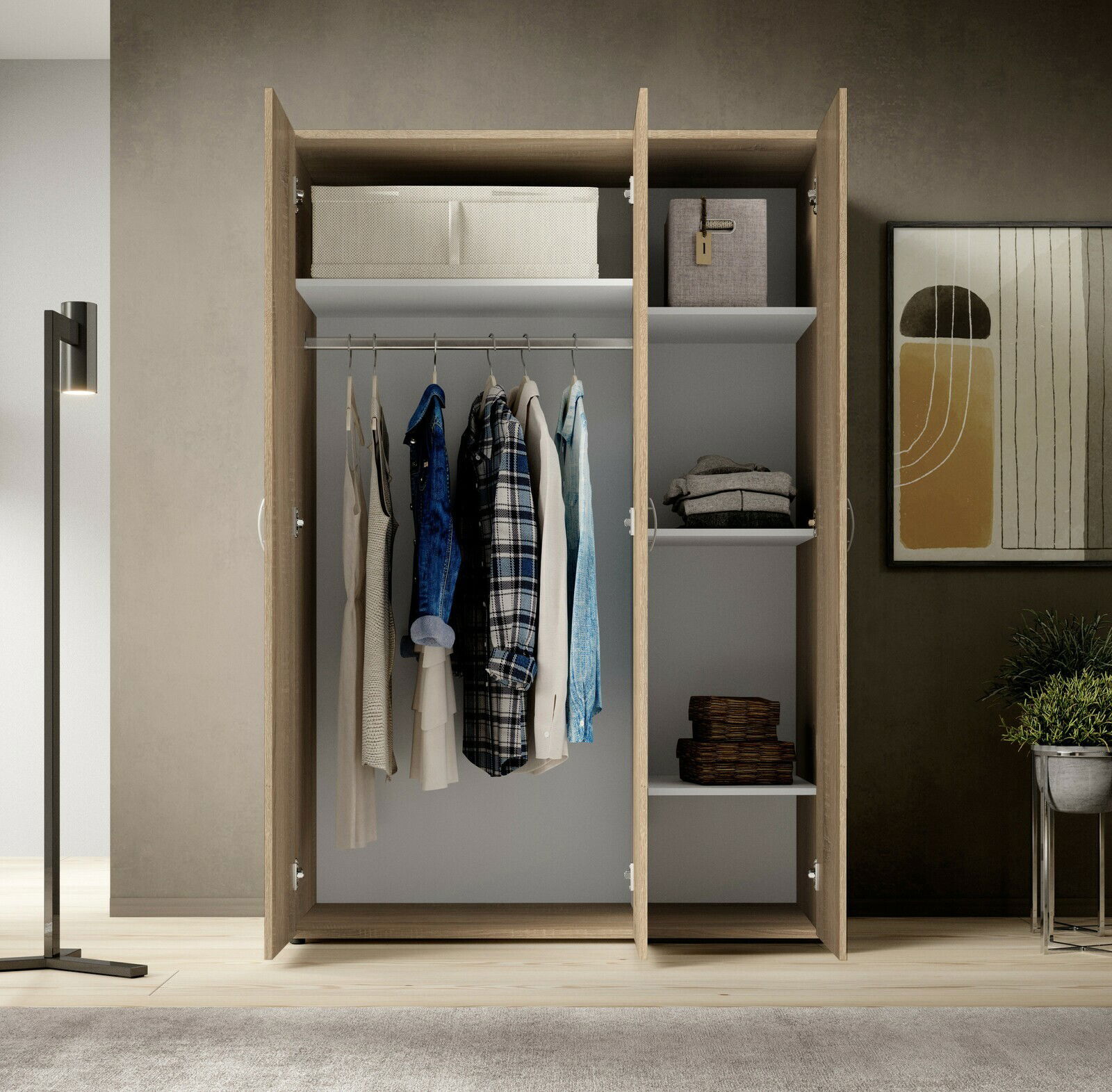 Drehtürenschrank 3-türig in moderner Innenansicht mit geöffneter Perspektive, zeigt hängende Kleidung und Regalfächer.