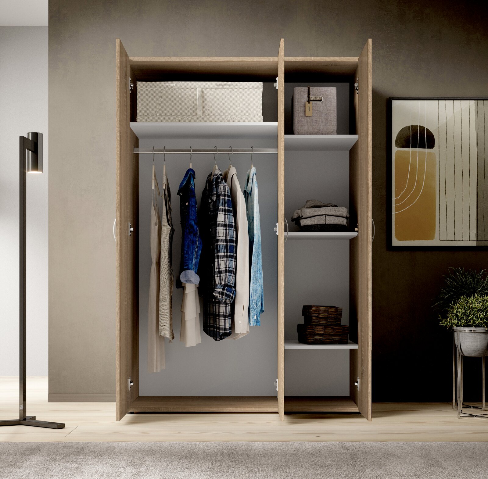 Drehtürenschrank 3-türig in moderner Innenansicht mit geöffneter Perspektive, zeigt hängende Kleidung und Regalfächer.