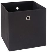 Schwarze Stoffbox mit Metallösen, perspektivisch von vorne links fotografiert