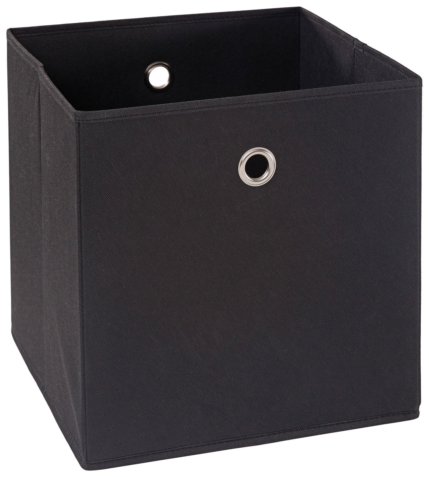 Schwarze Stoffbox mit Metallösen, perspektivisch von vorne links fotografiert