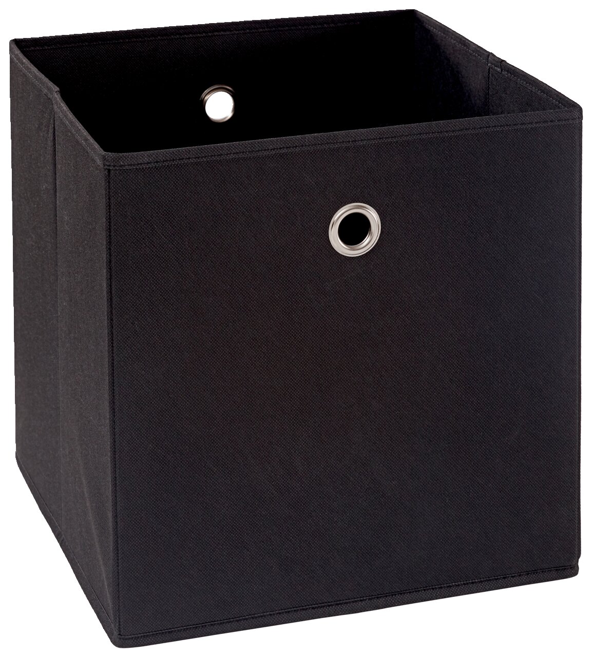 Schwarze Stoffbox mit Metallösen, perspektivisch von vorne links fotografiert