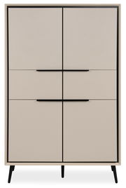 Modernes Highboard mit vier Türen in Beige, schwarze Griffe und Beine, frontale Ansicht.