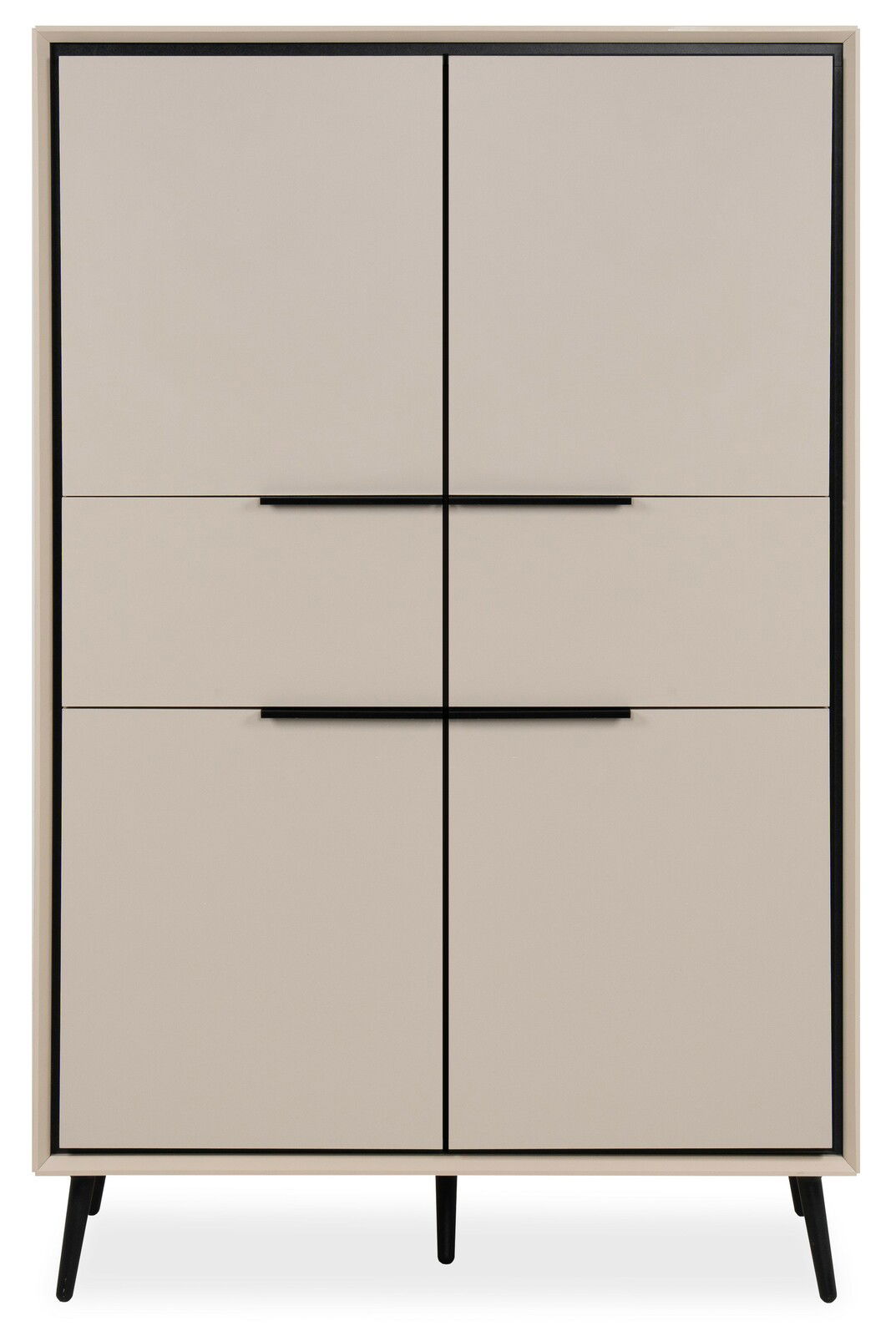 Modernes Highboard mit vier Türen in Beige, schwarze Griffe und Beine, frontale Ansicht.