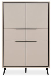 Modernes Highboard mit vier Türen in Beige, schwarze Griffe und Beine, frontale Ansicht.