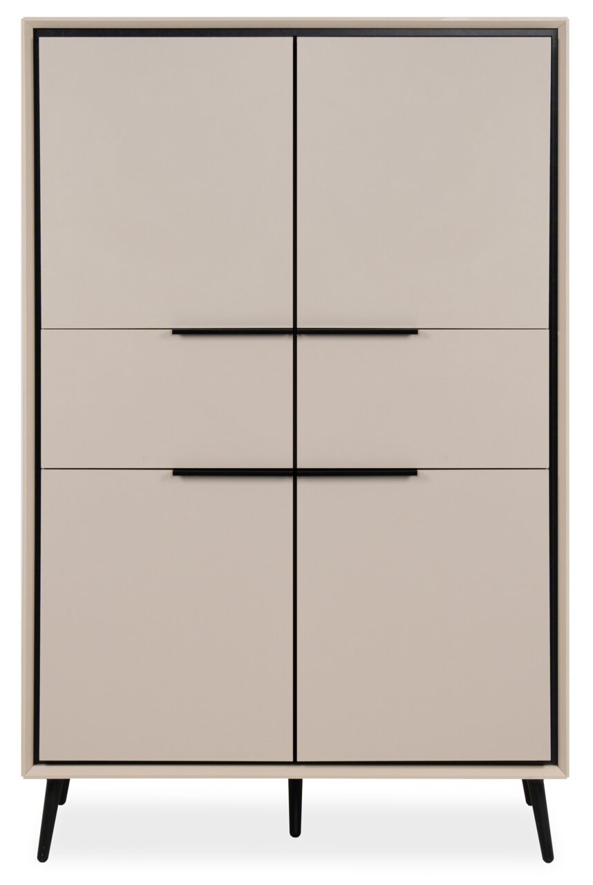 Modernes Highboard mit vier Türen in Beige, schwarze Griffe und Beine, frontale Ansicht.