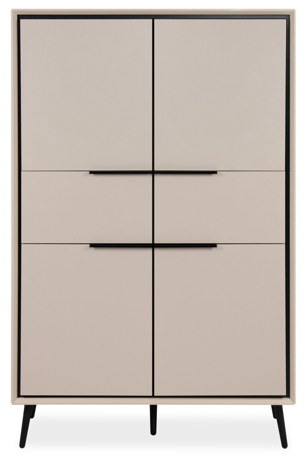 Modernes Highboard mit vier Türen in Beige, schwarze Griffe und Beine, frontale Ansicht.