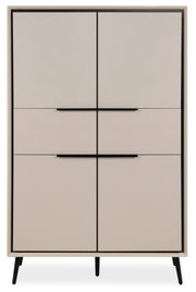 Modernes Highboard mit vier Türen in Beige, schwarze Griffe und Beine, frontale Ansicht.