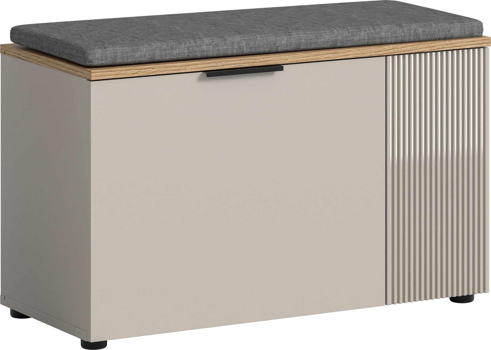 Sitzbank mit grauem Sitzkissen, Holzdetails und geriffelter Front, seitliche Perspektive