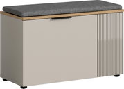 Sitzbank mit grauem Sitzkissen, Holzdetails und geriffelter Front, seitliche Perspektive