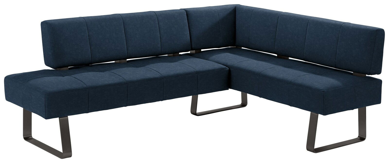 Moderne Eckbank in dunkelblauem Stoffbezug mit Metallbeinen, seitliche Perspektive