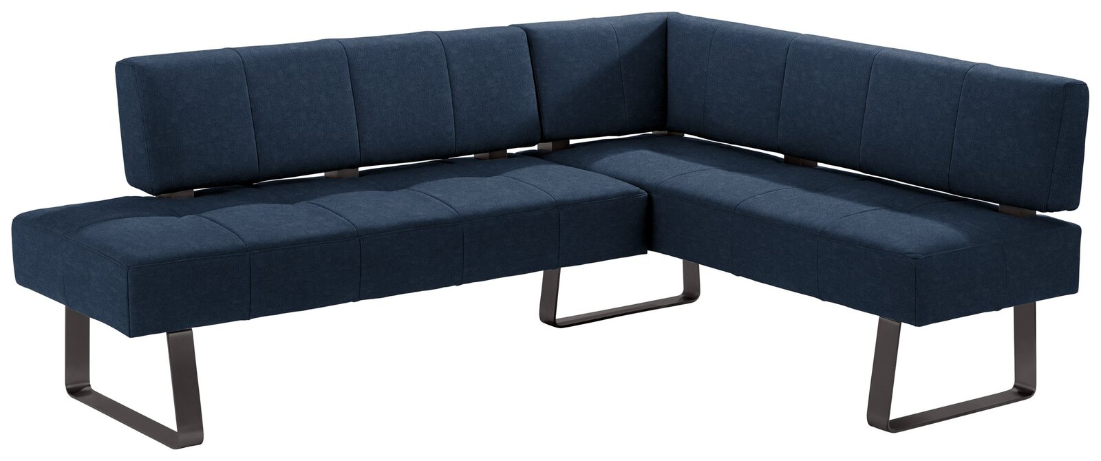 Moderne Eckbank in dunkelblauem Stoffbezug mit Metallbeinen, seitliche Perspektive