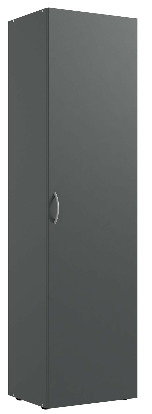 Grauer, schmaler Kleiderschrank mit einer Tür und silbernem Griff, seitliche Perspektive