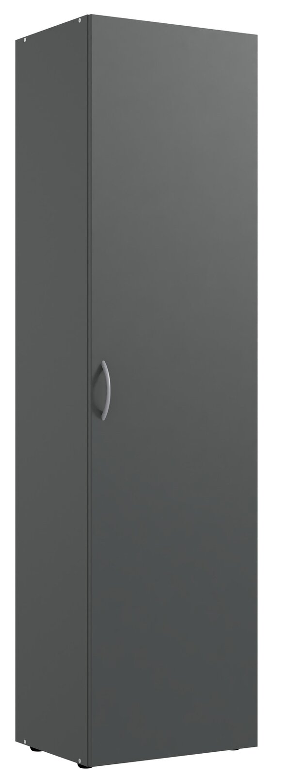 Grauer, schmaler Kleiderschrank mit einer Tür und silbernem Griff, seitliche Perspektive